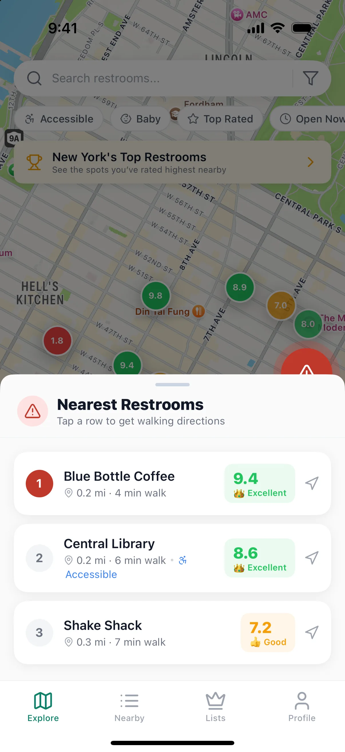 Emergency Mode listing the nearest open restrooms with walking times