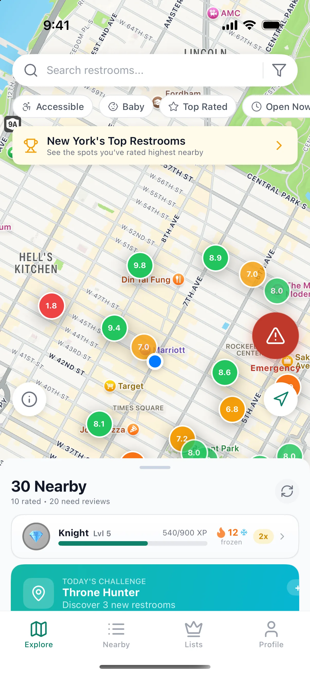 Throne Score map with color-coded pins for nearby places